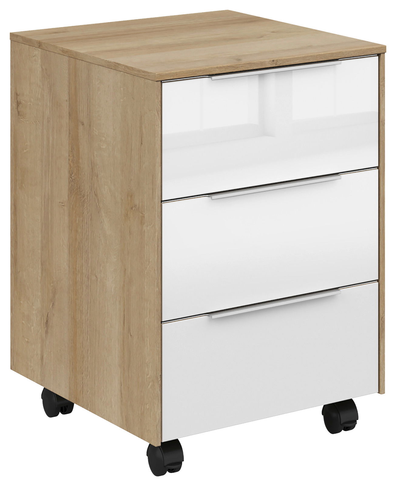 Voleo Rollcontainer NEVADA Rollcontainer mit drei Schubladen, Holzoptik und weißen Fronten, auf Rollen, seitliche Perspektive