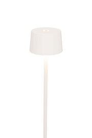 Weiße Akku-Stehleuchte mit modernem, minimalistischem Design, seitliche Perspektive