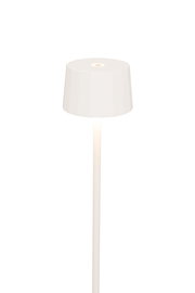 Weiße Akku-Stehleuchte mit modernem, minimalistischem Design, seitliche Perspektive