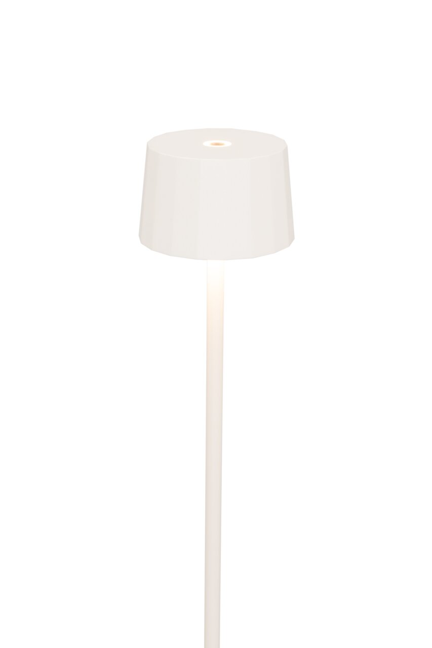 Weiße Akku-Stehleuchte mit modernem, minimalistischem Design, seitliche Perspektive