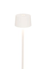 Weiße Akku-Stehleuchte mit modernem, minimalistischem Design, seitliche Perspektive