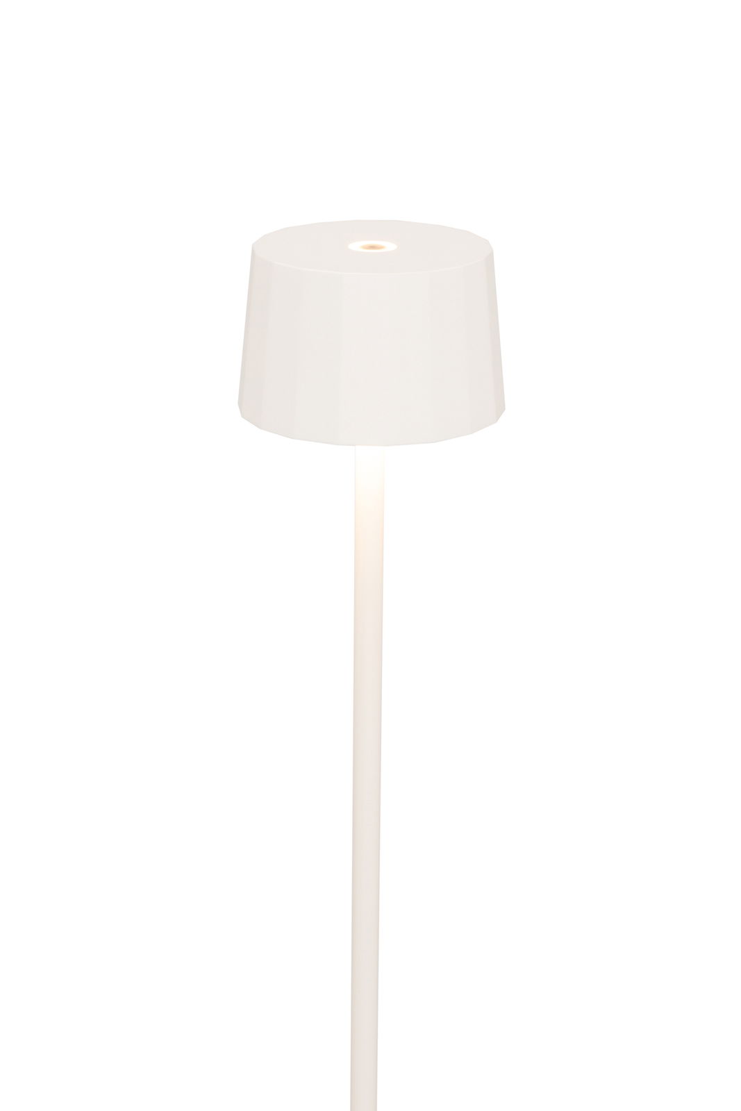 Weiße Akku-Stehleuchte mit modernem, minimalistischem Design, seitliche Perspektive