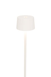 Weiße Akku-Stehleuchte mit modernem, minimalistischem Design, seitliche Perspektive