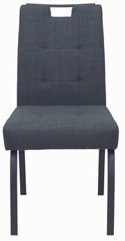 Moderner Stuhl mit dunklem Stoffbezug und Metallbeinen, Frontalansicht