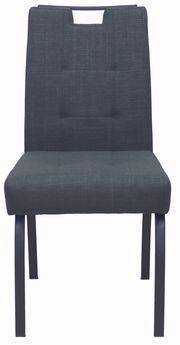 Moderner Stuhl mit dunklem Stoffbezug und Metallbeinen, Frontalansicht