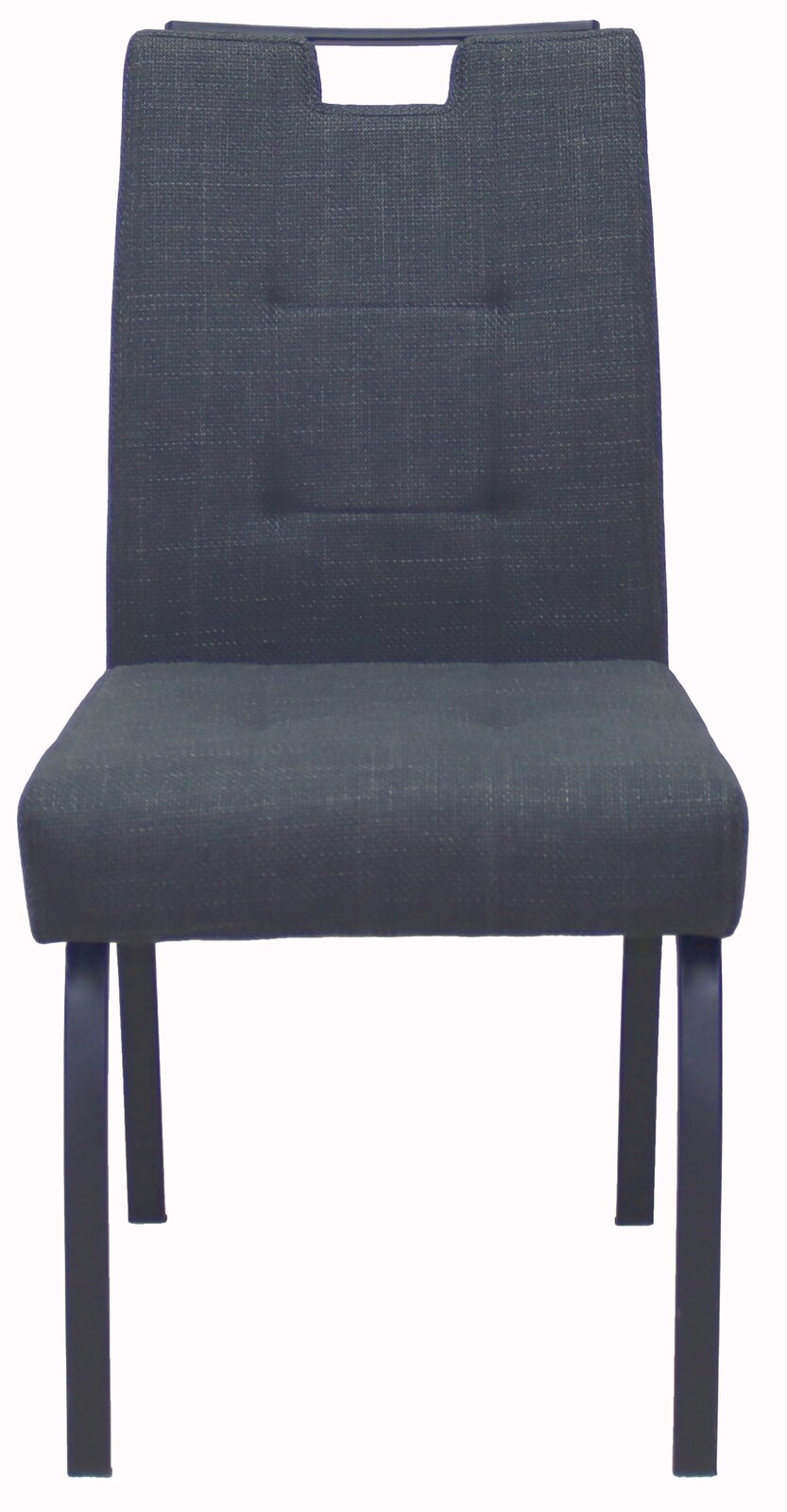 Moderner Stuhl mit dunklem Stoffbezug und Metallbeinen, Frontalansicht