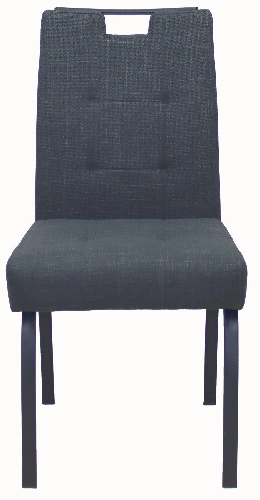 Moderner Stuhl mit dunklem Stoffbezug und Metallbeinen, Frontalansicht