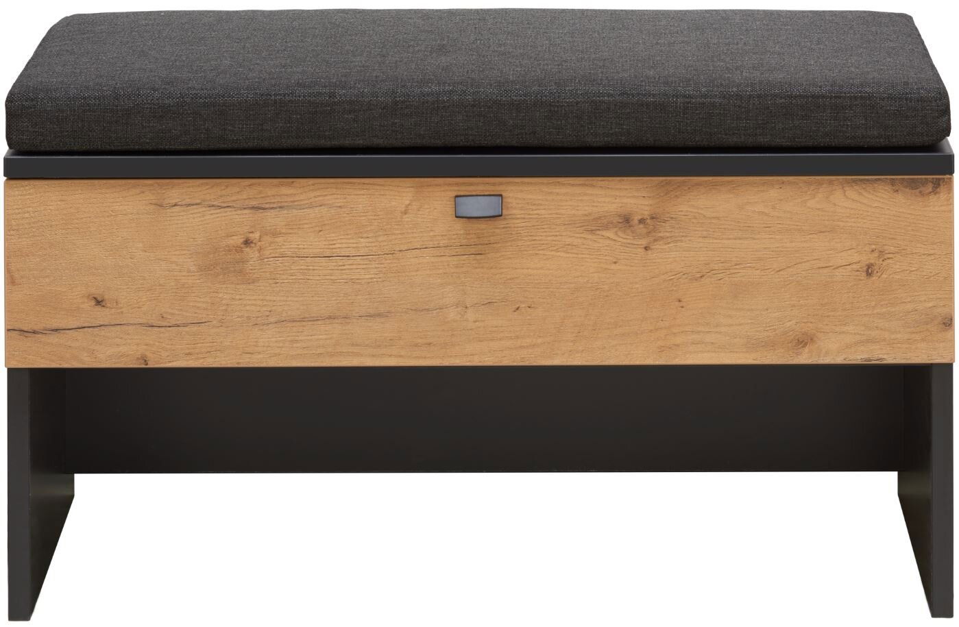 Bank mit Holzoptik und schwarzem Polster, Frontalansicht