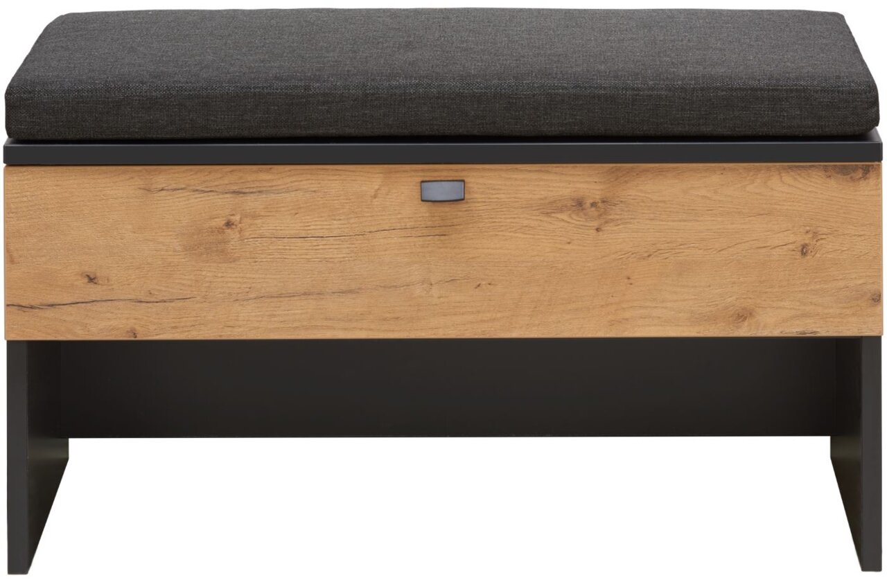 Bank mit Holzoptik und schwarzem Polster, Frontalansicht