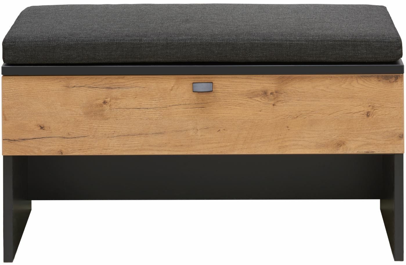 Bank mit Holzoptik und schwarzem Polster, Frontalansicht