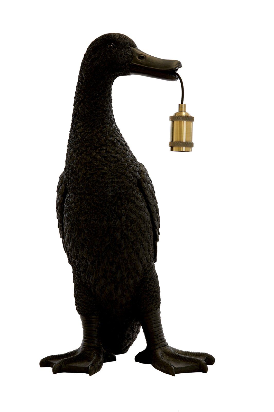 Schwarze Enten-Figur als dekorative Stehlampe mit Messing-Lampenfassung, seitliche Ansicht von links vor weißem Hintergrund