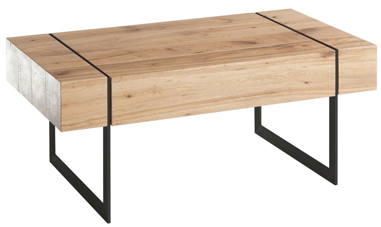 Moderner Couchtisch aus Holz mit schwarzem Metallgestell, seitliche Perspektive