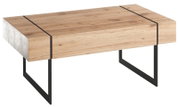Moderner Couchtisch aus Holz mit schwarzem Metallgestell, seitliche Perspektive