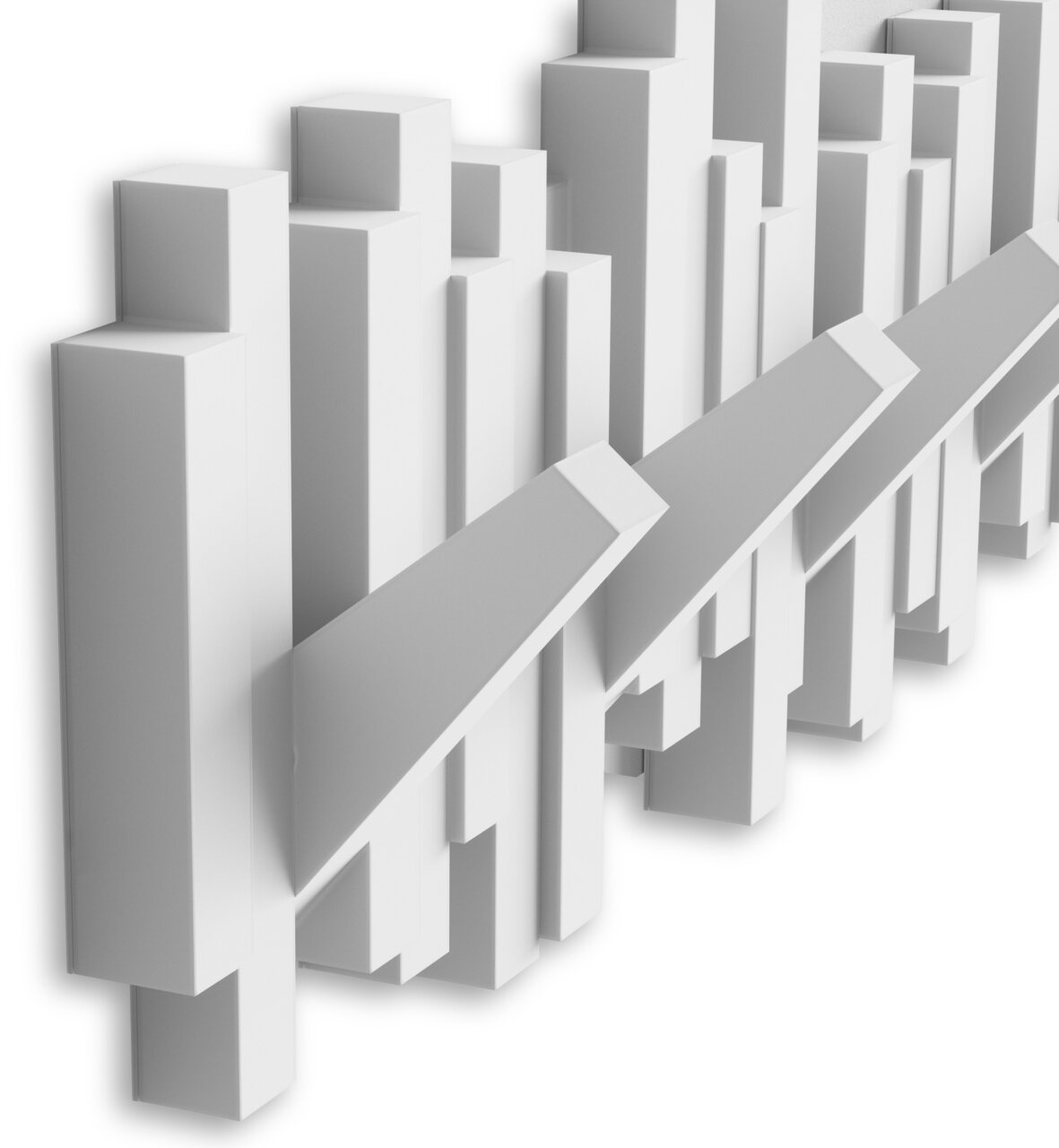 Moderne Wandgarderobe mit geometrischem Design aus weißen, rechteckigen Blöcken in seitlicher Perspektive.