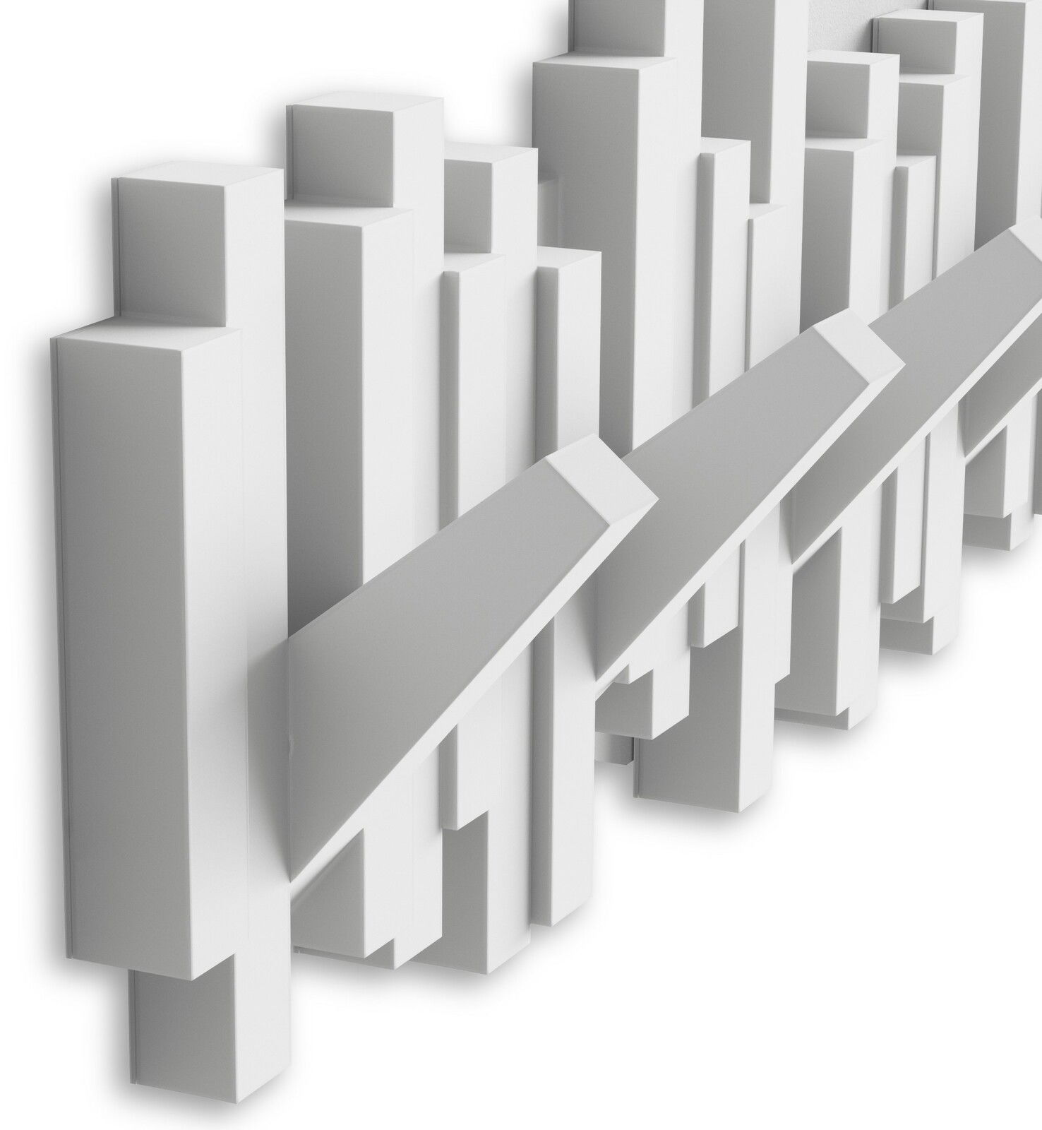 Moderne Wandgarderobe mit geometrischem Design aus weißen, rechteckigen Blöcken in seitlicher Perspektive.