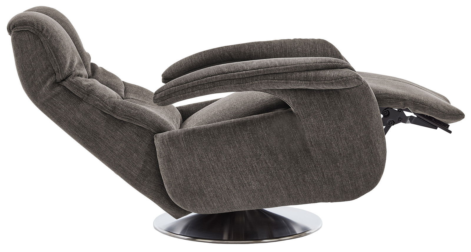 Seitliche Ansicht eines grauen TV-Sessels mit Liegefunktion auf einem runden Metallfuß.