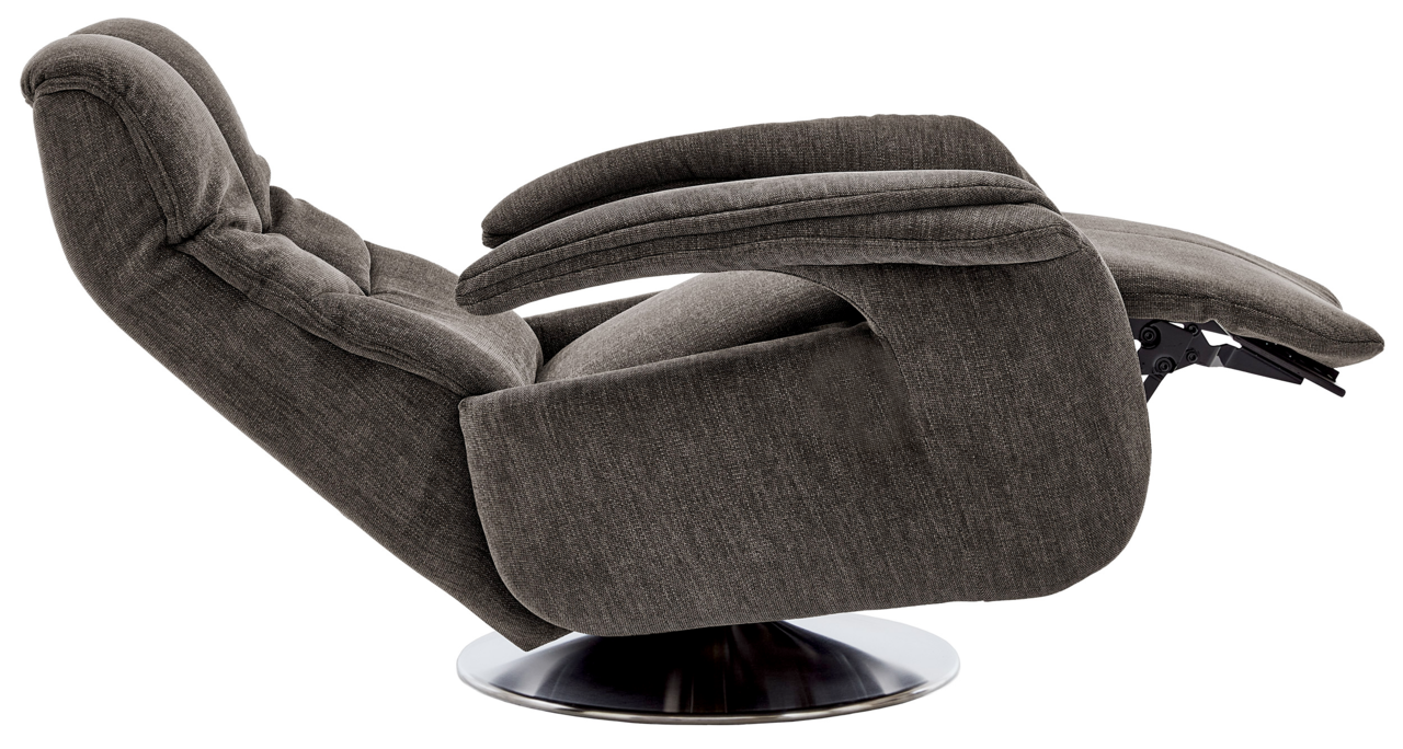 Seitliche Ansicht eines grauen TV-Sessels mit Liegefunktion auf einem runden Metallfuß.
