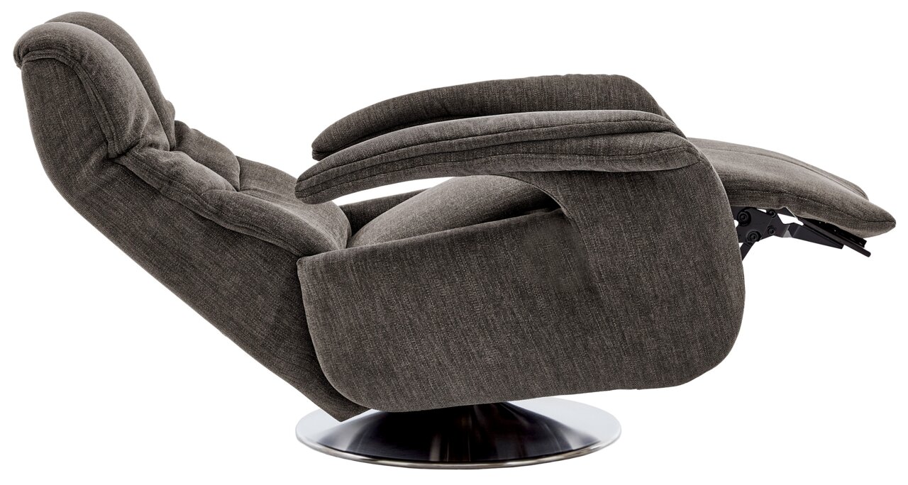 Zijaanzicht van een grijze tv-fauteuil met ligfunctie op een ronde metalen voet.