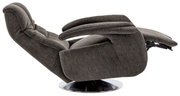 Zijaanzicht van een grijze tv-fauteuil met ligfunctie op een ronde metalen voet.