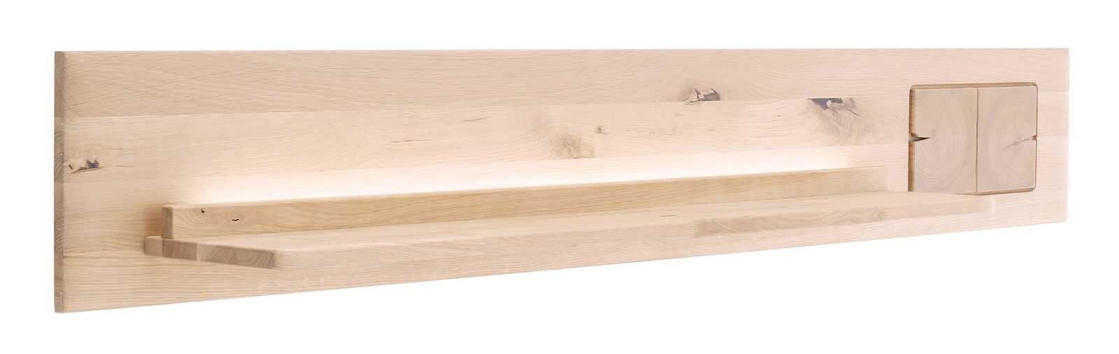 Holz-Wandboard mit integriertem Regal und dekorativem Element, seitliche Perspektive