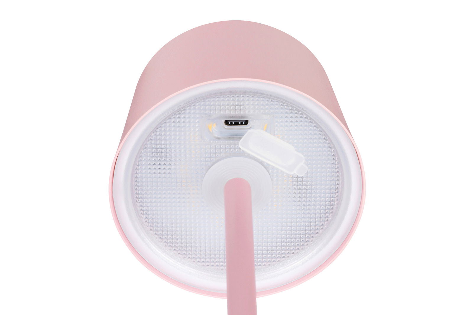 Unteransicht einer rosa Akku-Tischleuchte mit USB-Ladeanschluss.