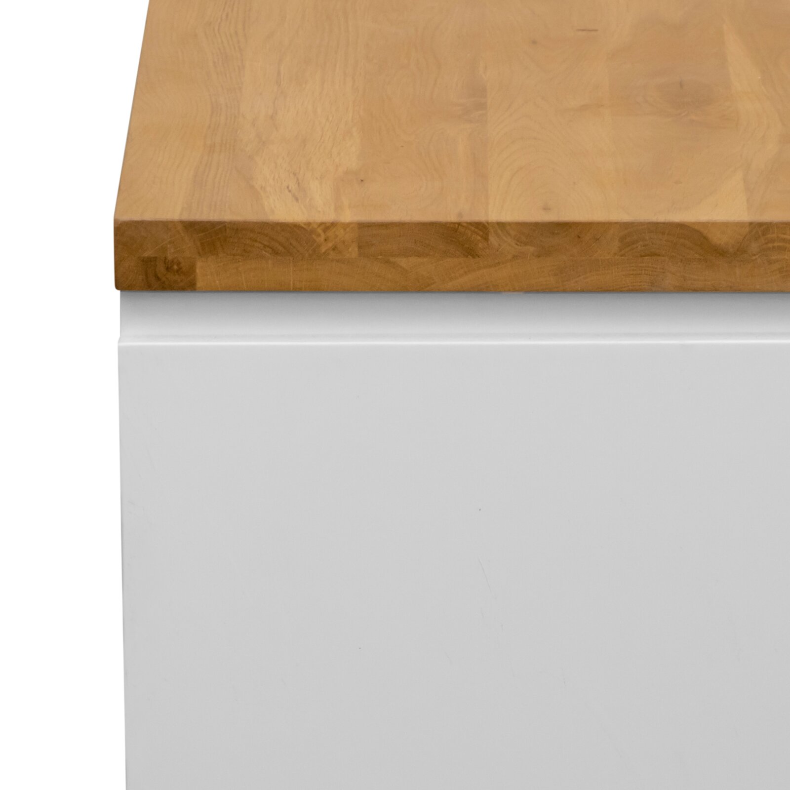 Novel Highboard DALTON Nahaufnahme eines Highboards mit weißem Korpus und Holzoberfläche, Perspektive von der Seite