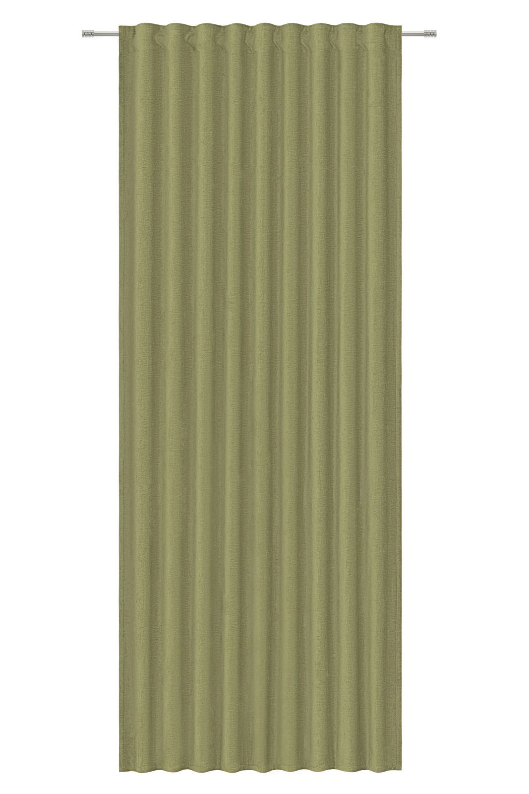 Grüner Fertigvorhang in Frontalansicht mit gleichmäßigen Falten.