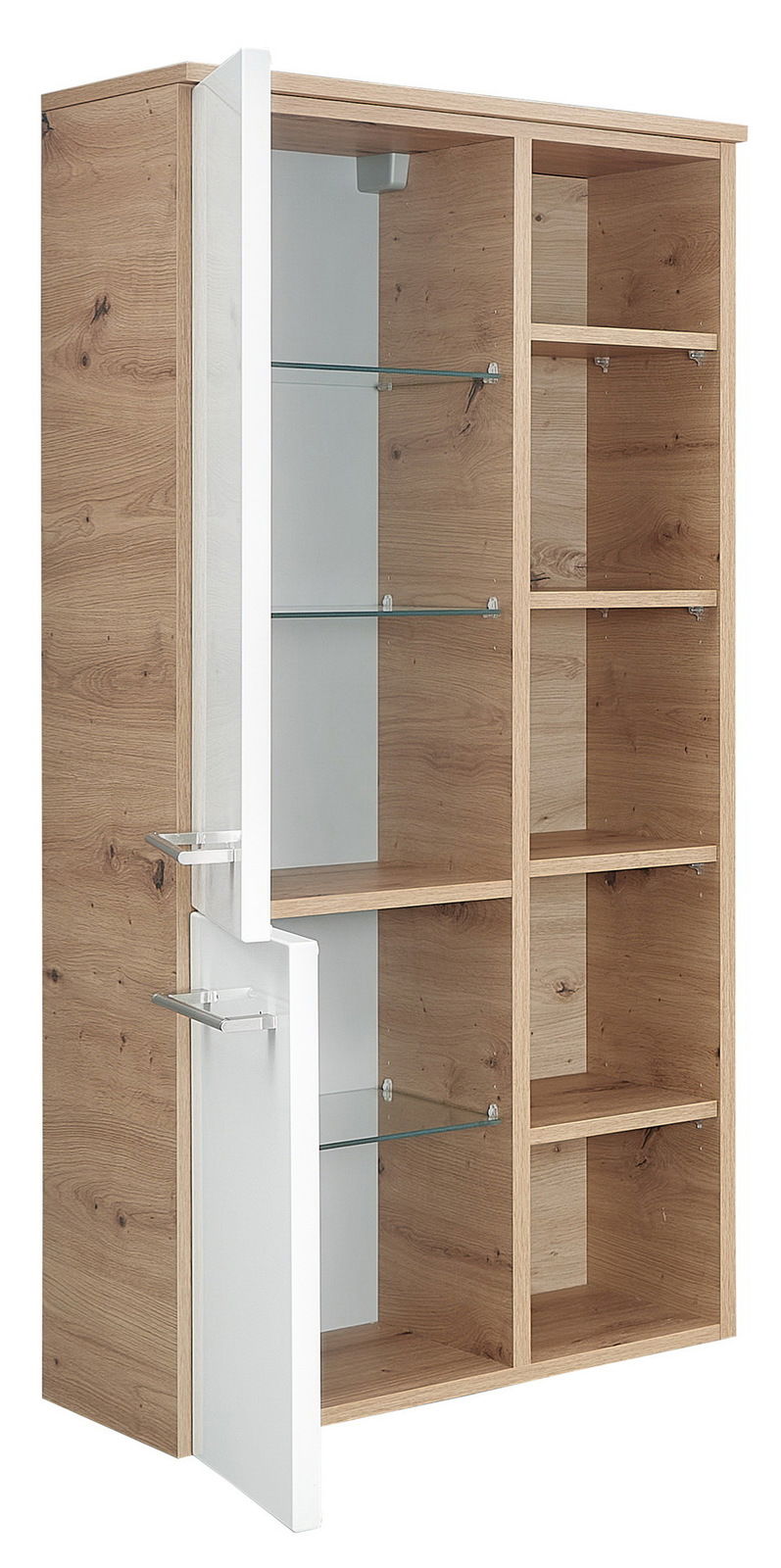 Midischrank aus Holz mit offenen Regalfächern und einer teilweise geöffneten weißen Tür, seitliche Perspektive.