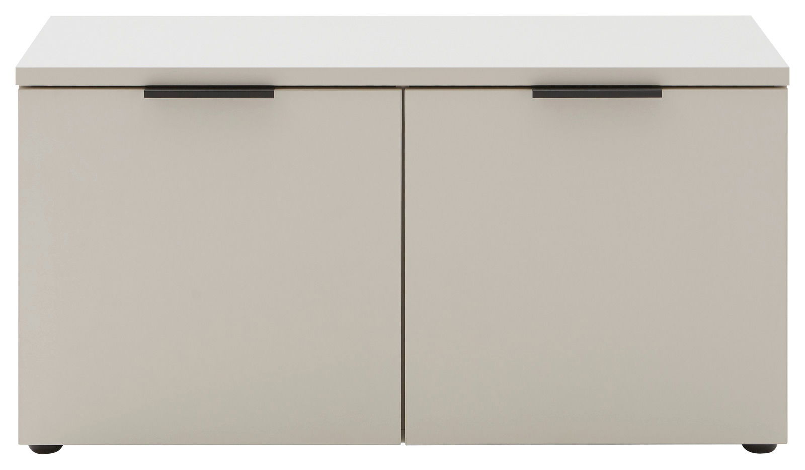 Schuhbank in Frontansicht mit zwei Türen und schwarzen Griffen, schlichtes Design in heller Farbe.