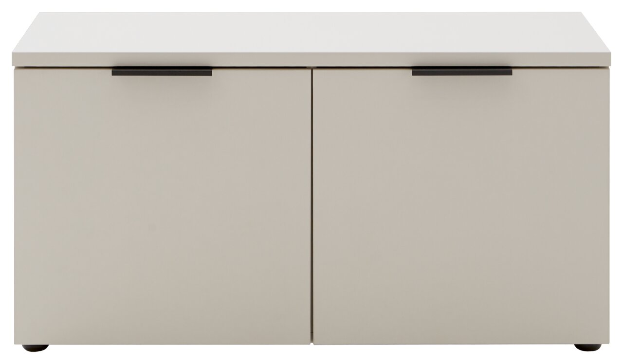 Schuhbank in Frontansicht mit zwei Türen und schwarzen Griffen, schlichtes Design in heller Farbe.