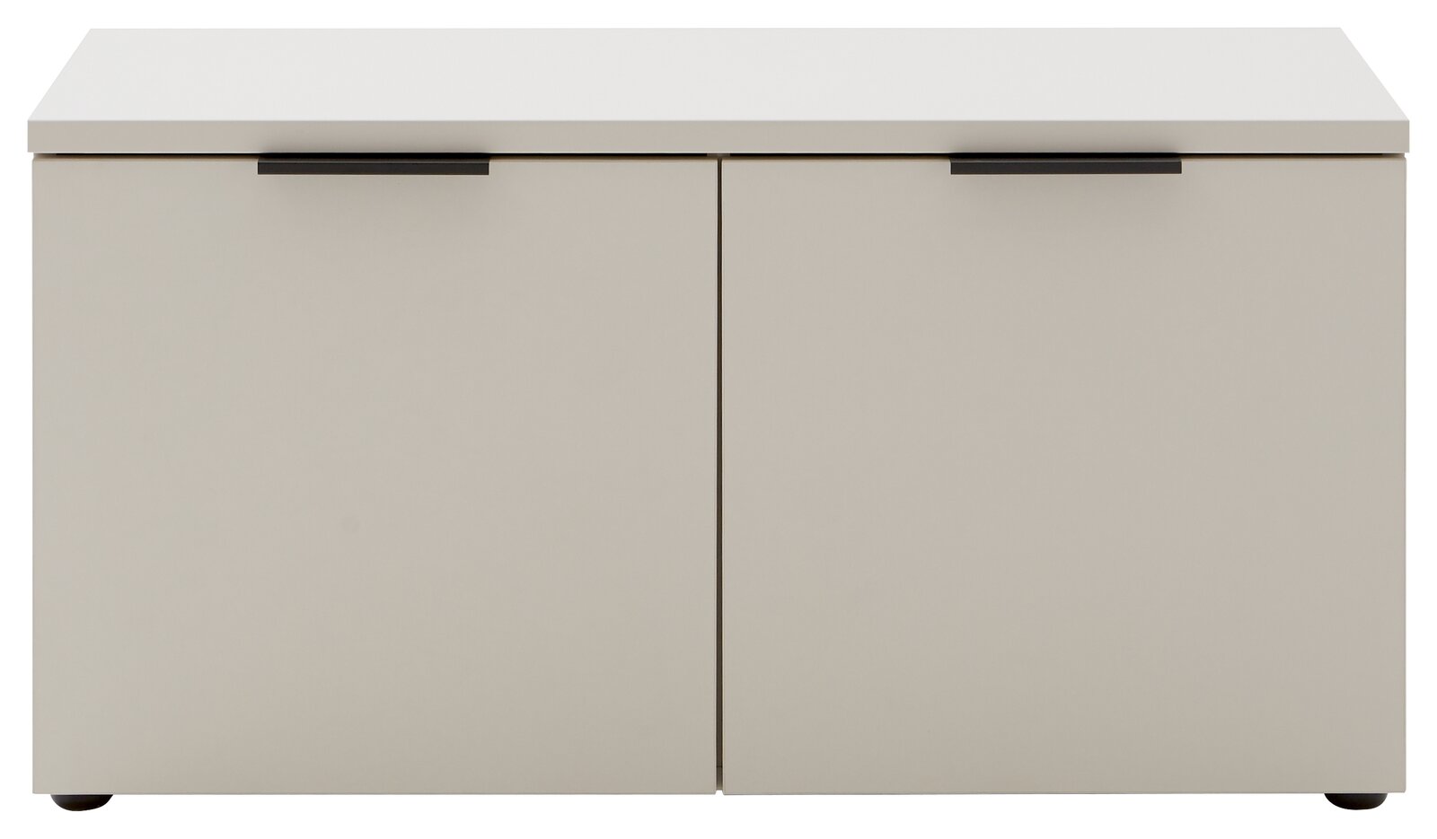 Schuhbank in Frontansicht mit zwei Türen und schwarzen Griffen, schlichtes Design in heller Farbe.