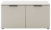 Schuhbank in Frontansicht mit zwei Türen und schwarzen Griffen, schlichtes Design in heller Farbe.