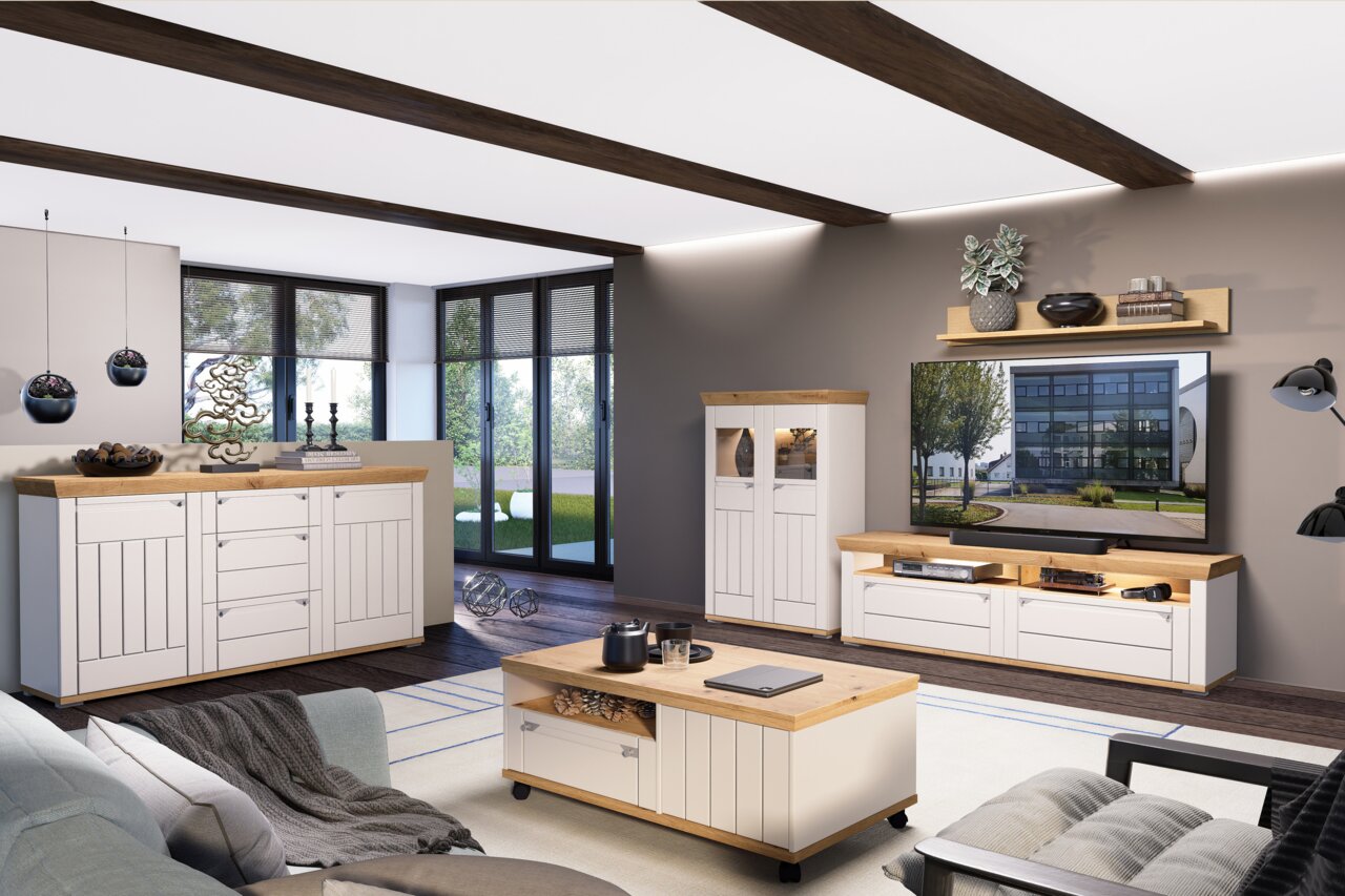 Landscape TV-Lowboard COLMAR Modernes TV-Lowboard in einem stilvollen Wohnzimmer, frontal betrachtet, mit Holz- und Weißakzenten, dekoriert mit Pflanzen und Büchern.