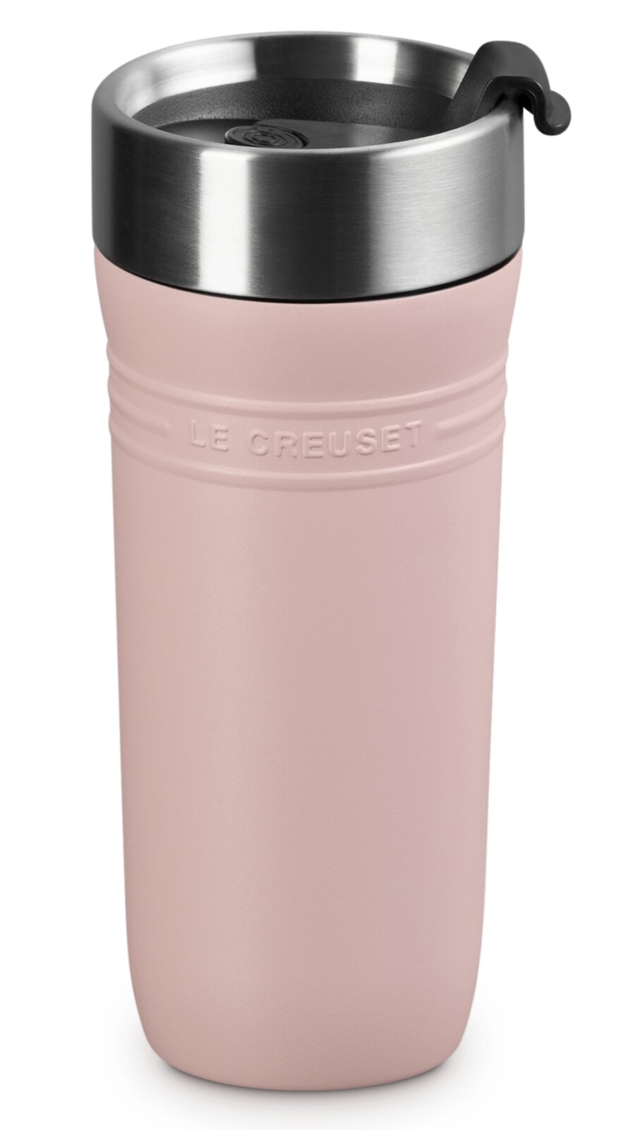 Thermobeker 350 ml in Shell Pink, vooraanzicht met roestvrijstalen deksel en reliëflogo.