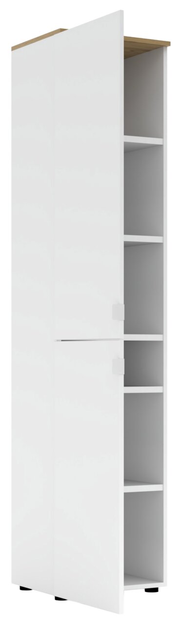 Weißer Büroschrank mit Holzakzent, geöffnete Türen, seitliche Perspektive
