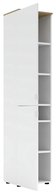 Weißer Büroschrank mit Holzakzent, geöffnete Türen, seitliche Perspektive