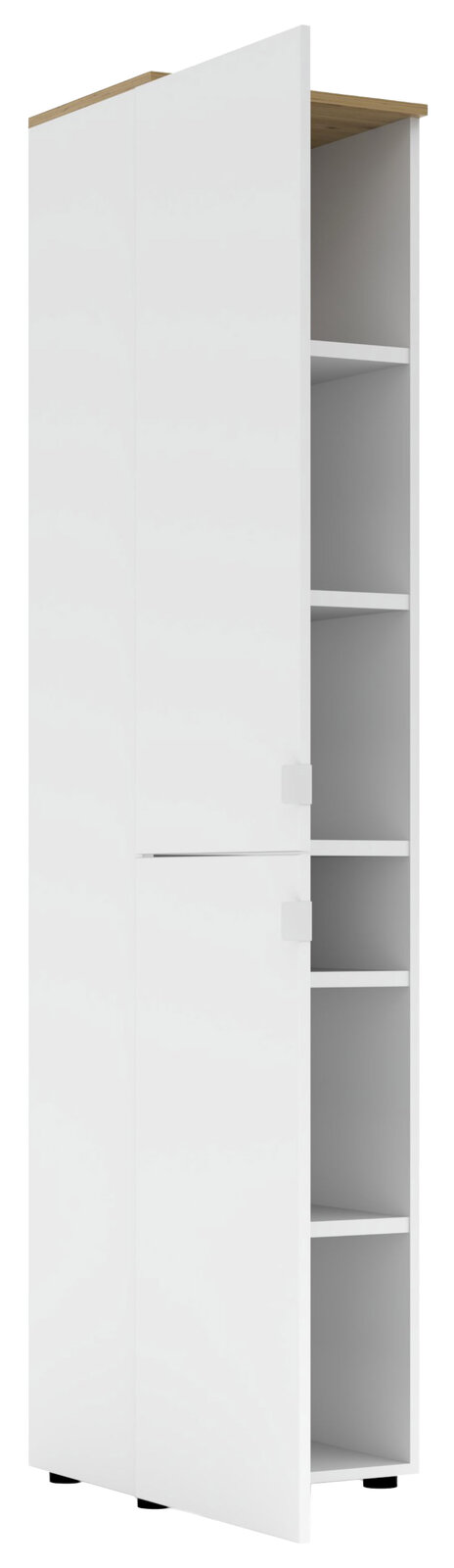 Weißer Büroschrank mit Holzakzent, geöffnete Türen, seitliche Perspektive