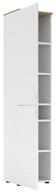 Weißer Büroschrank mit Holzakzent, geöffnete Türen, seitliche Perspektive