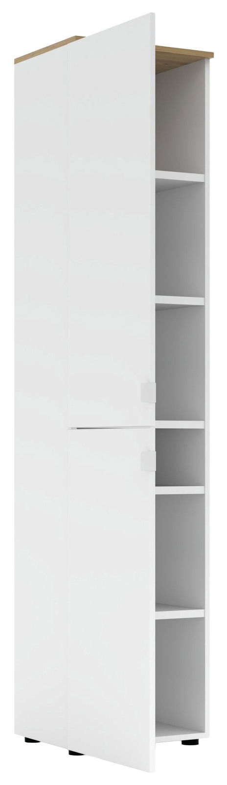 Weißer Büroschrank mit Holzakzent, geöffnete Türen, seitliche Perspektive