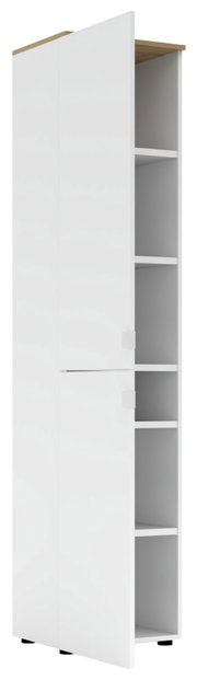 Witte kantoorkast met houten accenten, open deuren, zijaanzicht