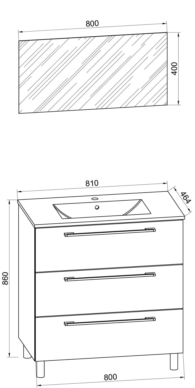 Technische Zeichnung eines Badezimmer-Waschtischunterschranks mit integriertem Waschbecken und drei Schubladen, Frontansicht in leichter Perspektive, Maße ca. 800 mm Breite, 860 mm Höhe und 464 mm Tiefe; oben zusätzlich Draufsicht einer rechteckigen Platt