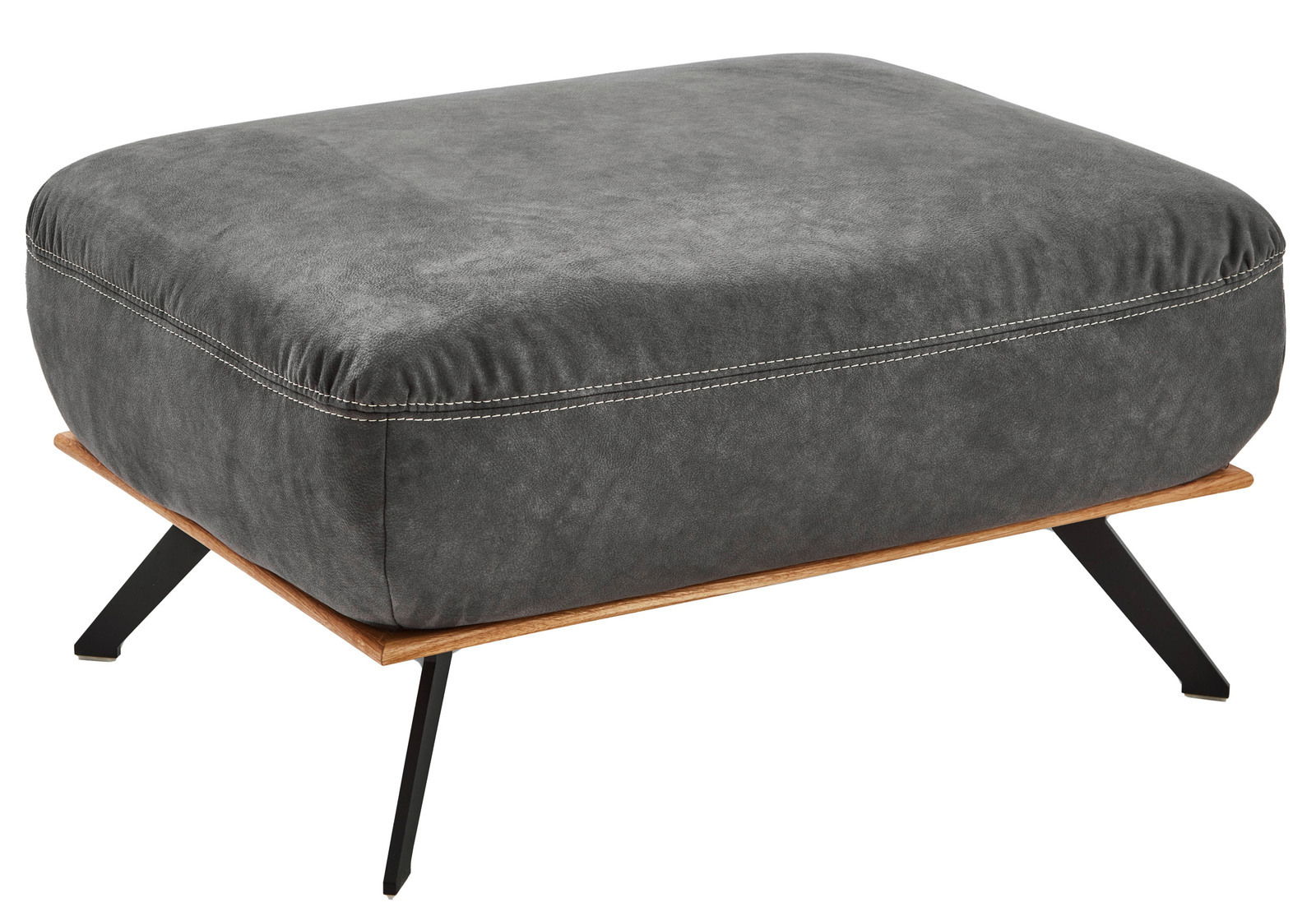 Voleo XXL-Hocker NECKAR Grauer XXL-Hocker mit schwarzem Metallgestell und Holzplatte, seitliche Perspektive