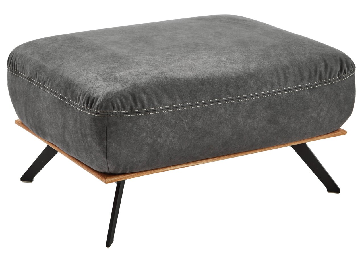 Grauer XXL-Hocker mit schwarzem Metallgestell und Holzplatte, seitliche Perspektive