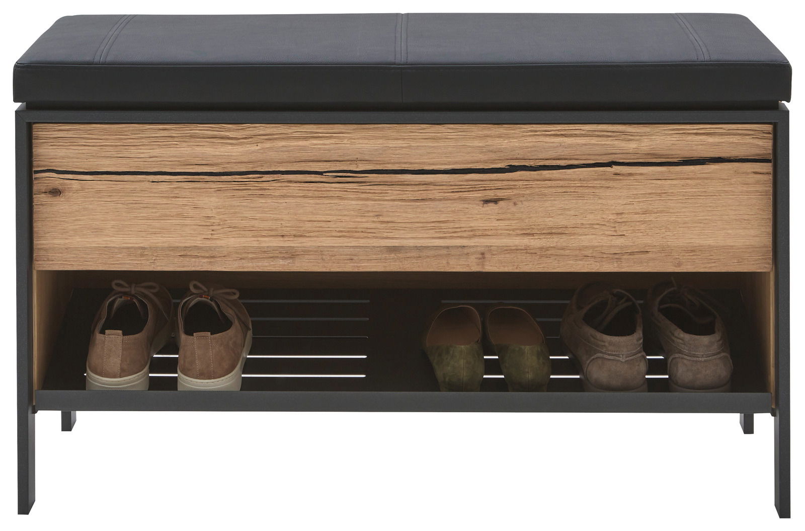 Garderobenbank mit schwarzem Sitzpolster, Holzfront und Schuhablage, frontal betrachtet