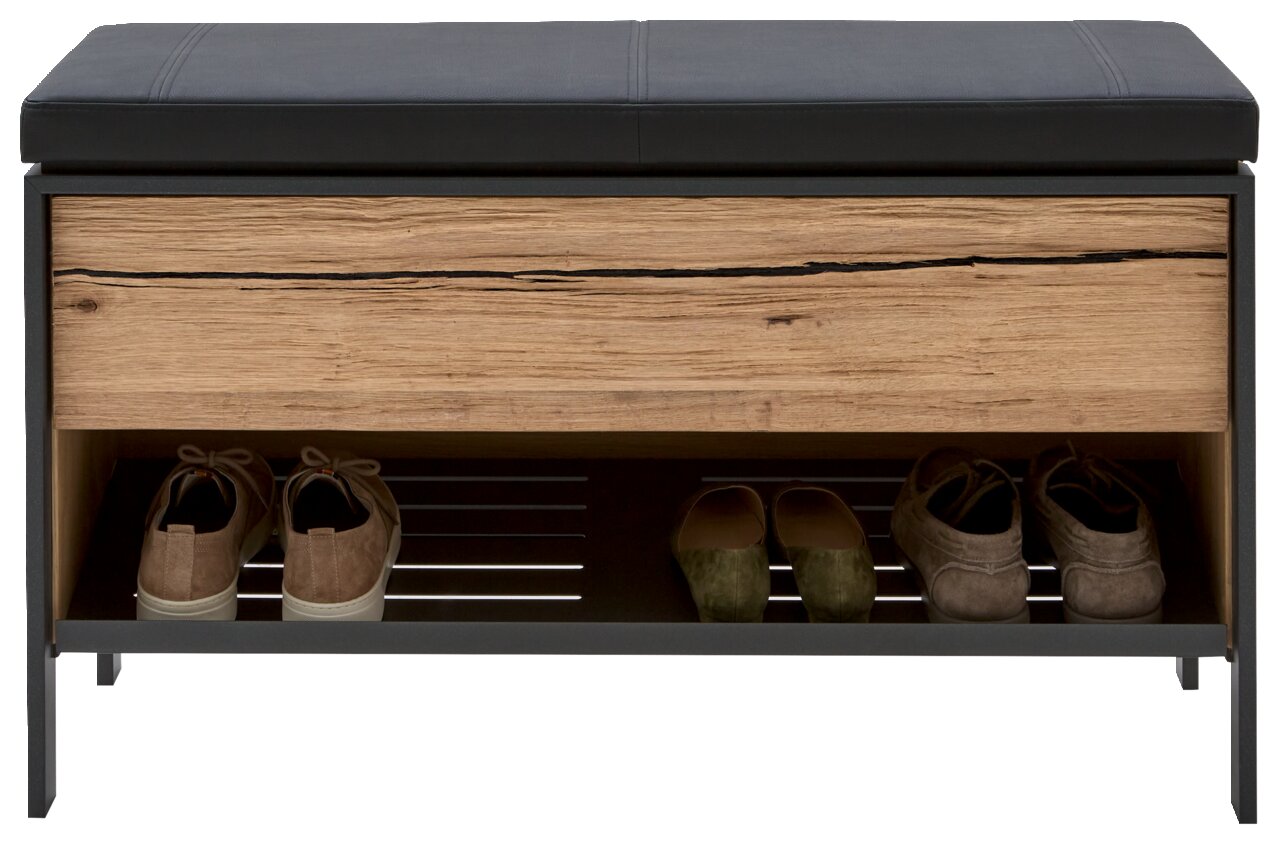 Garderobenbank mit schwarzem Sitzpolster, Holzfront und Schuhablage, frontal betrachtet