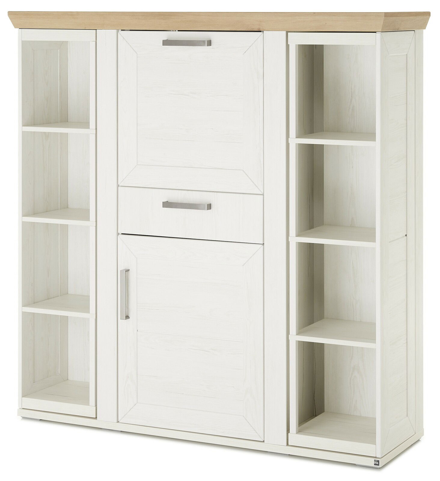Weißes Highboard mit Karussell, frontal abgebildet, mit offenen Regalfächern und Holzoberfläche.
