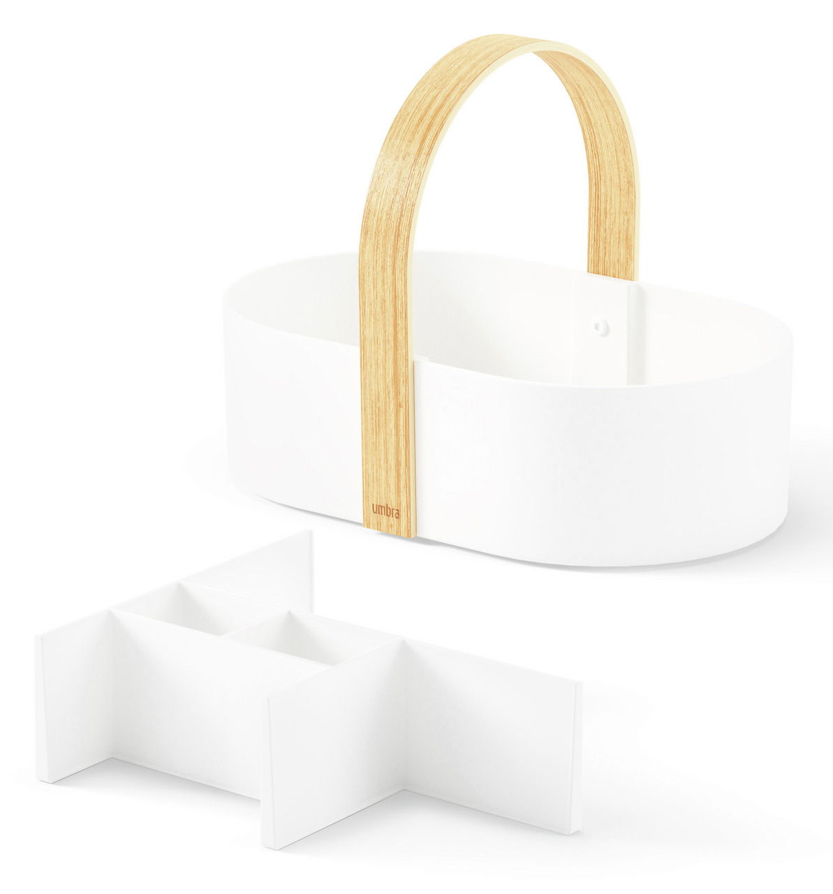 Weißer Caddy mit natürlichem Holzgriff, seitliche Perspektive