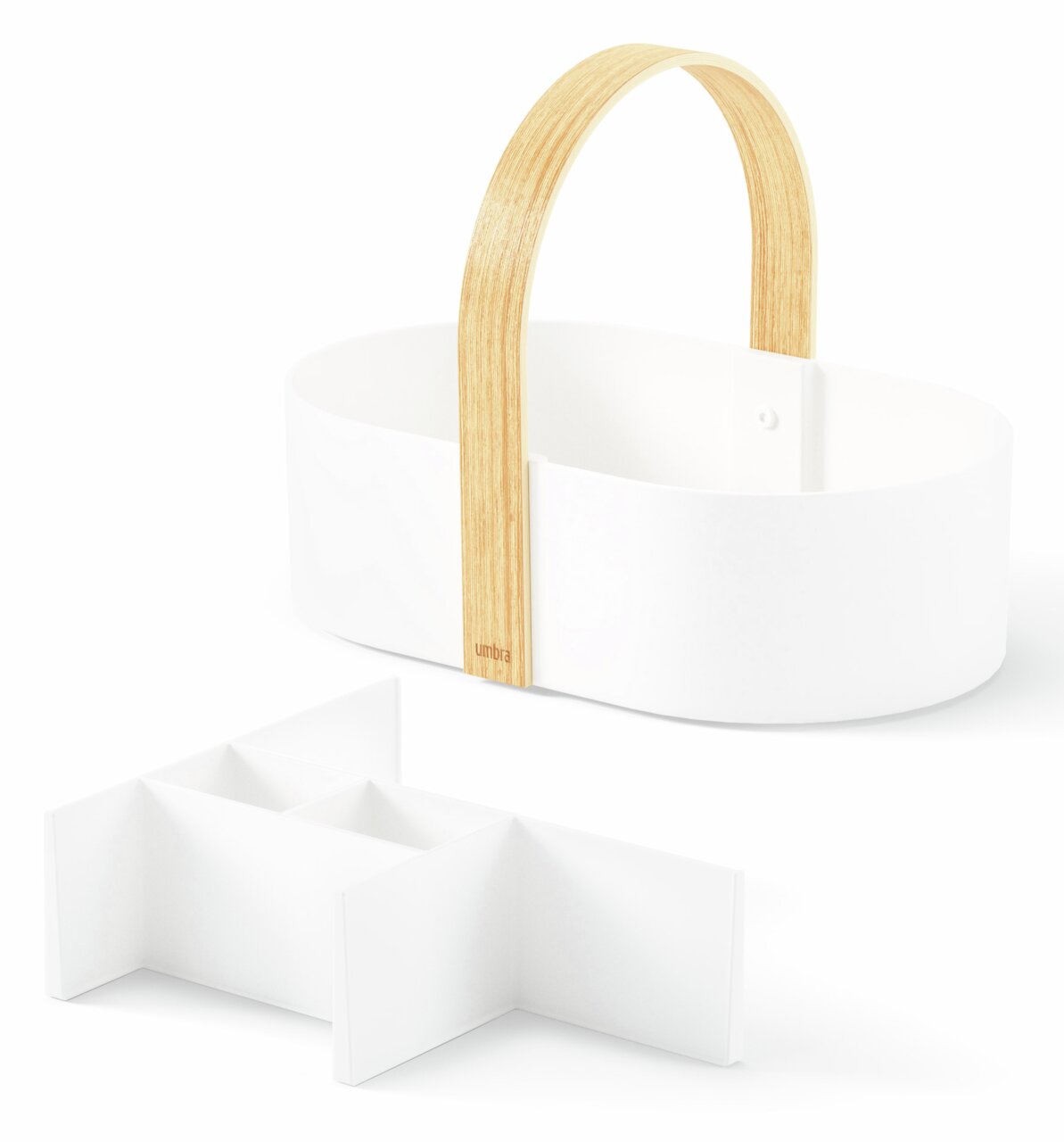 Weißer Caddy mit natürlichem Holzgriff, seitliche Perspektive