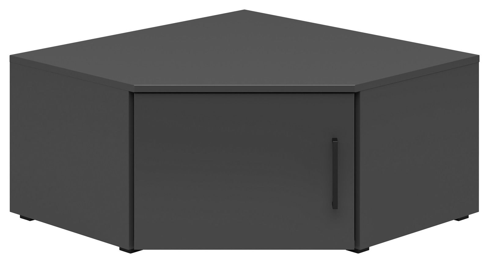 Dunkelgrauer Eckaufsatzschrank mit einer Tür, frontal betrachtet