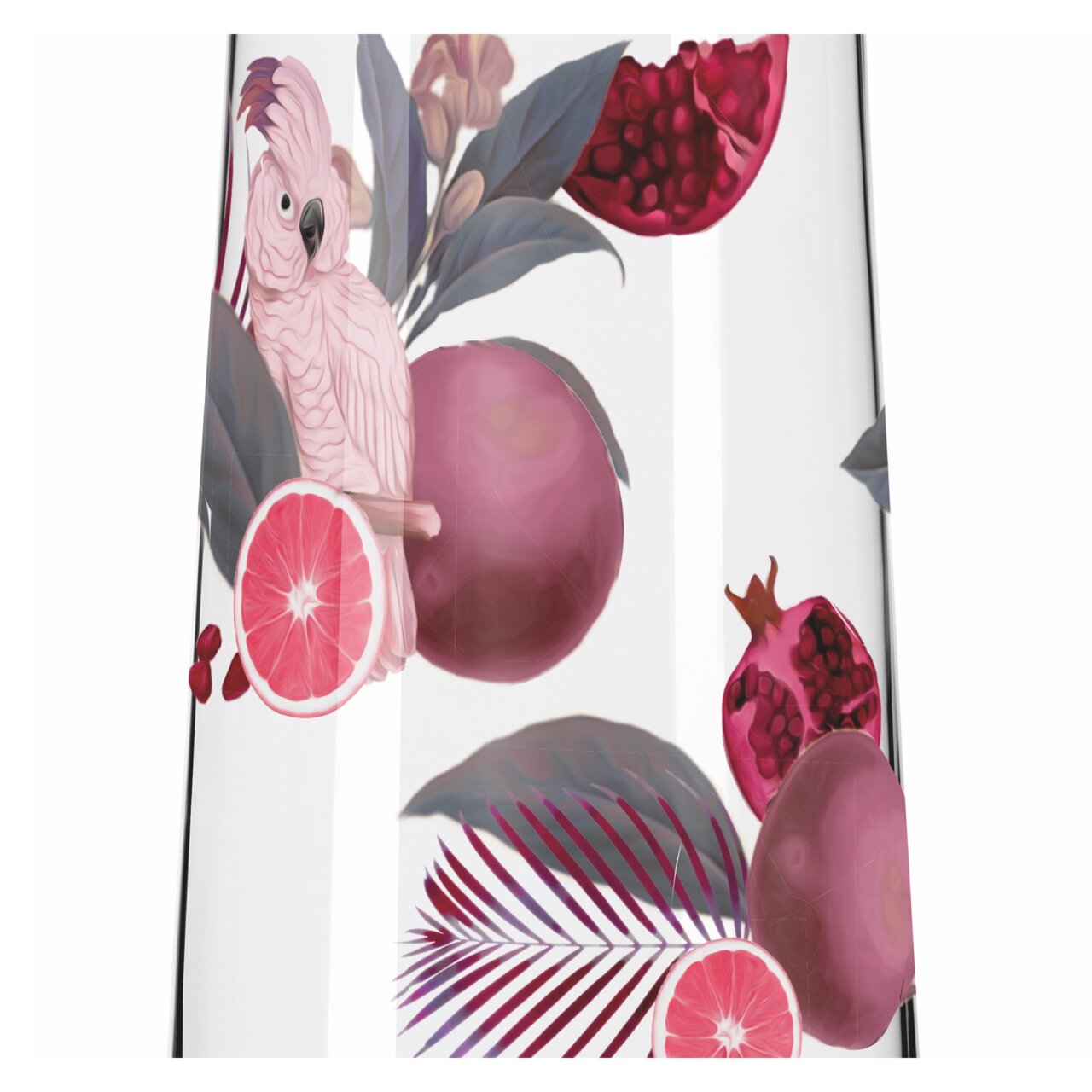 Illustratie van een roze kaketoe met exotisch fruit en bladeren op een glazen oppervlak, zijaanzicht.